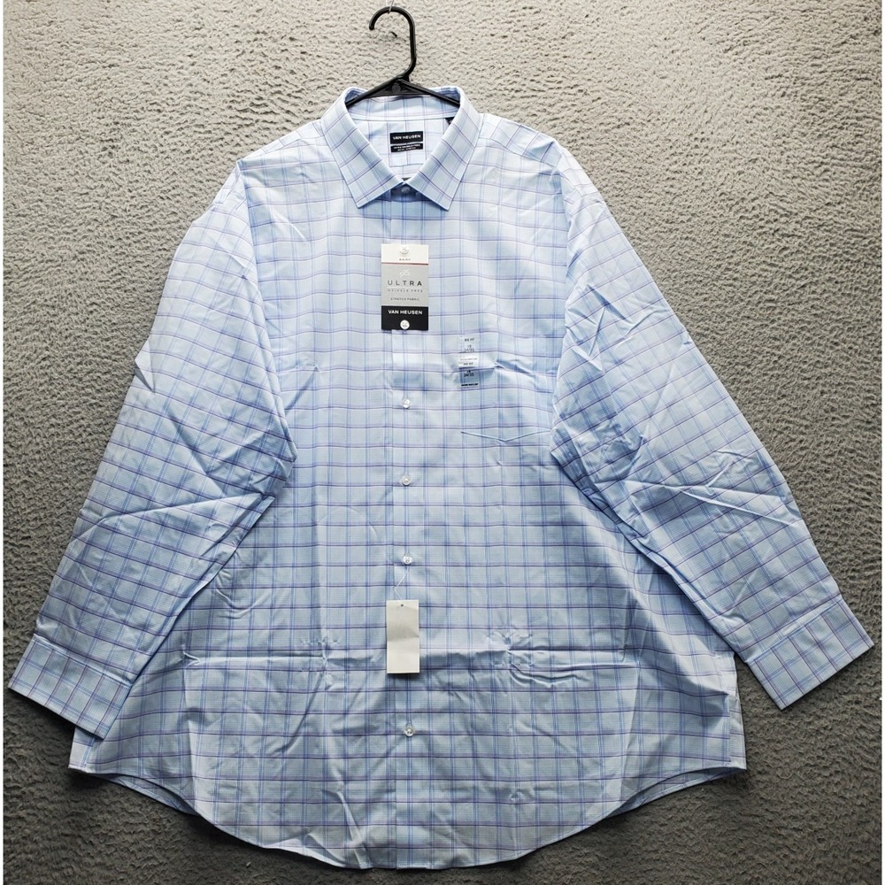 Van Heusen Dress Shirt Mens 19 Multi Plaid Ultra Wrinkle Free Big Fit Stretch